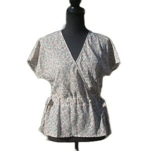 2/$10 Lazy Sundays Short Sleeve Floral Blouse with V Neck & Side Cinch Ties